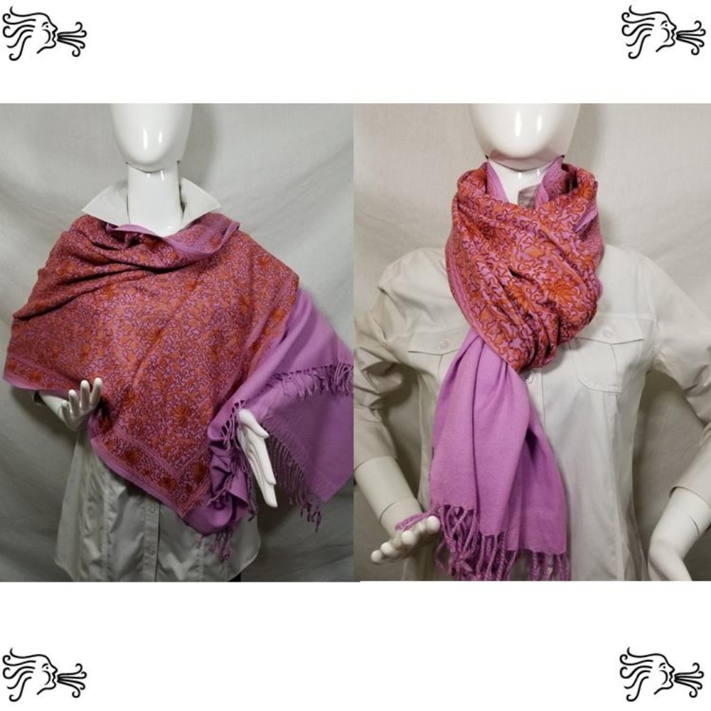 Pink Copper Orange Heavy Embroidered Kashmir Wrap